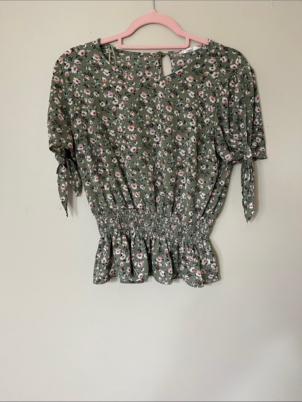Olive Floral Smocked-Waist Blouse with Tie Sleeves